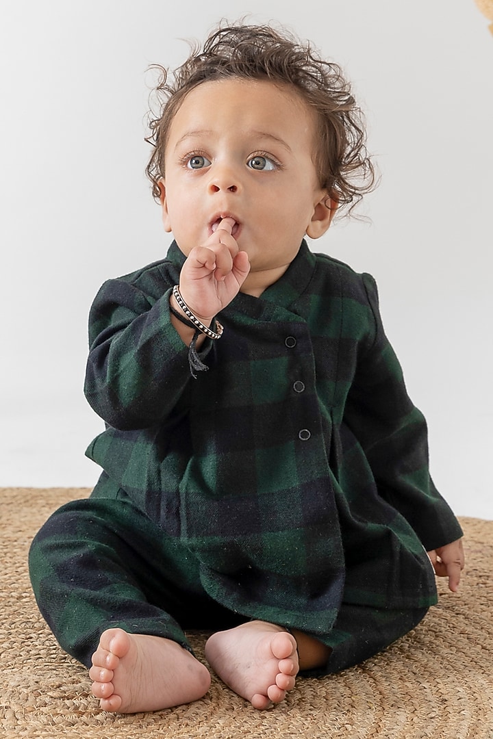 Green Soft Cotton flannel Checkered Printed Jhabla Set For Kids by Tiber Taber at Pernia's Pop Up Shop
