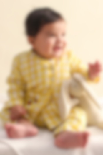 Yellow Soft Cotton Embroidered & Checkered Printed Jhabla Set For Kids by Tiber Taber at Pernia's Pop Up Shop
