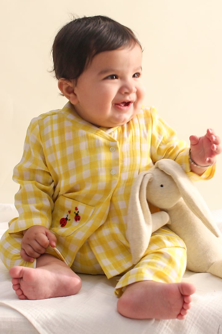 Yellow Soft Cotton Embroidered & Checkered Printed Jhabla Set For Kids by Tiber Taber at Pernia's Pop Up Shop