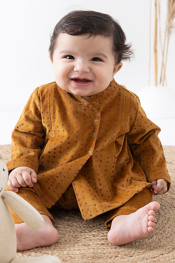 Yellow Soft Cotton & Corduroy Jhabla Set For Kids by Tiber Taber at Pernia's Pop Up Shop