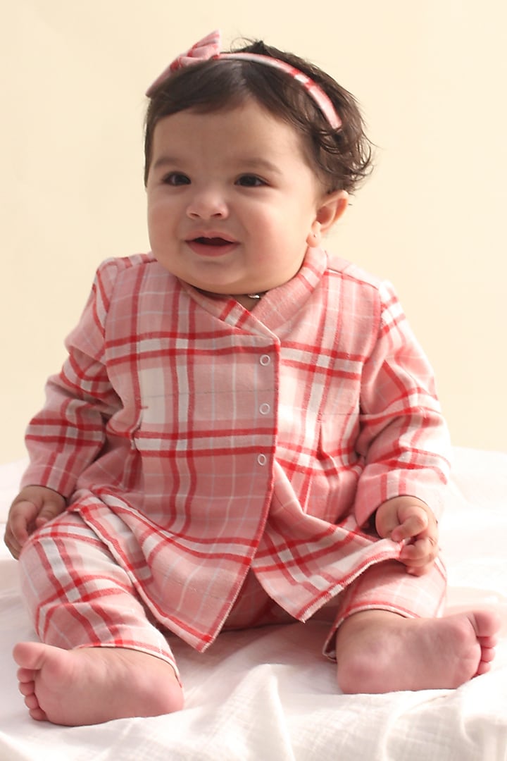 Pink Soft Cotton Flannel Checkered Printed Jhabla Set For Kids by Tiber Taber at Pernia's Pop Up Shop