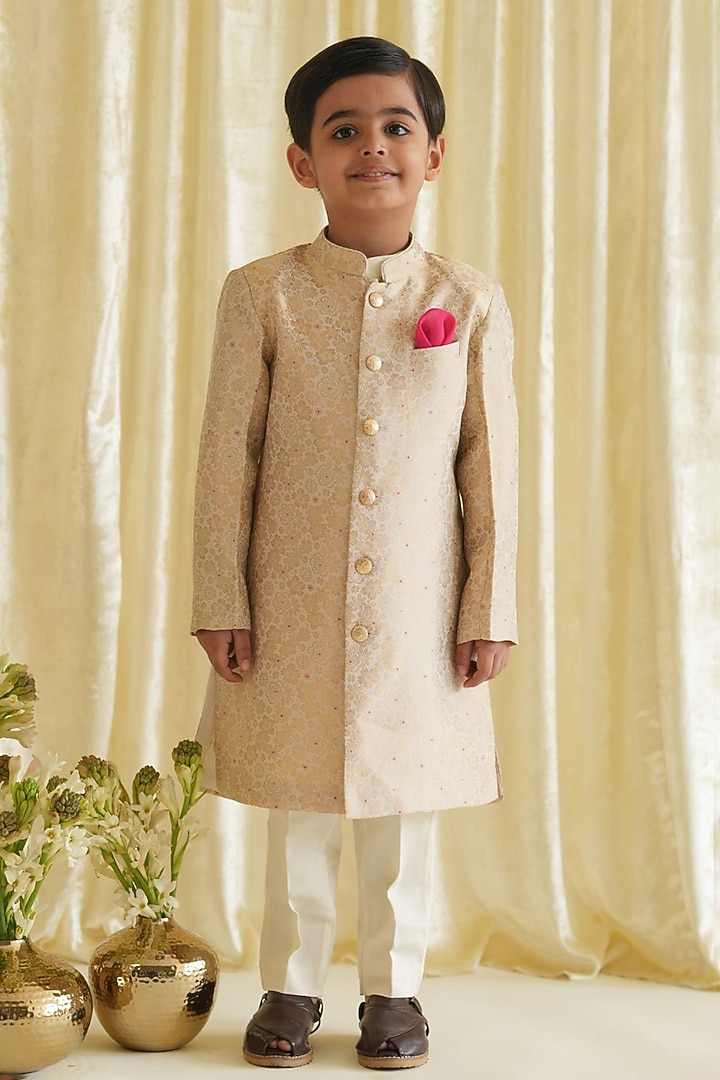 Cream Viscose Brocade Sherwani Set For Boys by Tiber Taber at Pernia's Pop Up Shop
