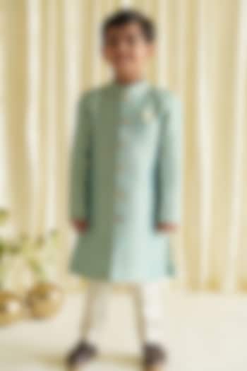 Blue Viscose Brocade Sherwani Set For Boys by Tiber Taber at Pernia's Pop Up Shop