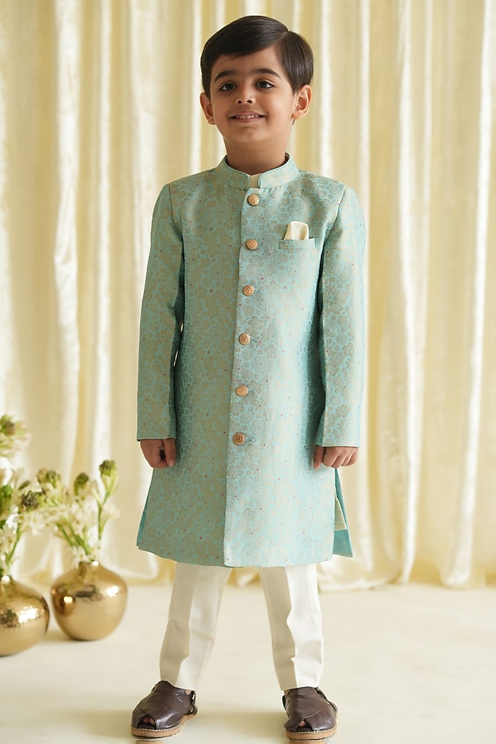 Blue Viscose Brocade Sherwani Set For Boys by Tiber Taber at Pernia's Pop Up Shop