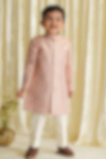 Pink Viscose Brocade Sherwani Set For Boys by Tiber Taber at Pernia's Pop Up Shop