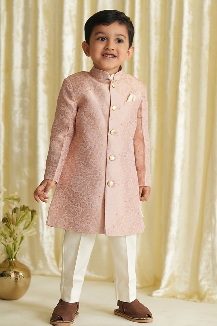 Pink Viscose Brocade Sherwani Set For Boys by Tiber Taber at Pernia's Pop Up Shop