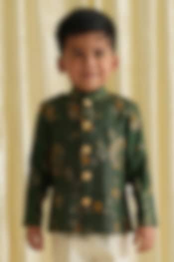 Green Viscose Brocade Bandhgala Set For Boys by Tiber Taber at Pernia's Pop Up Shop