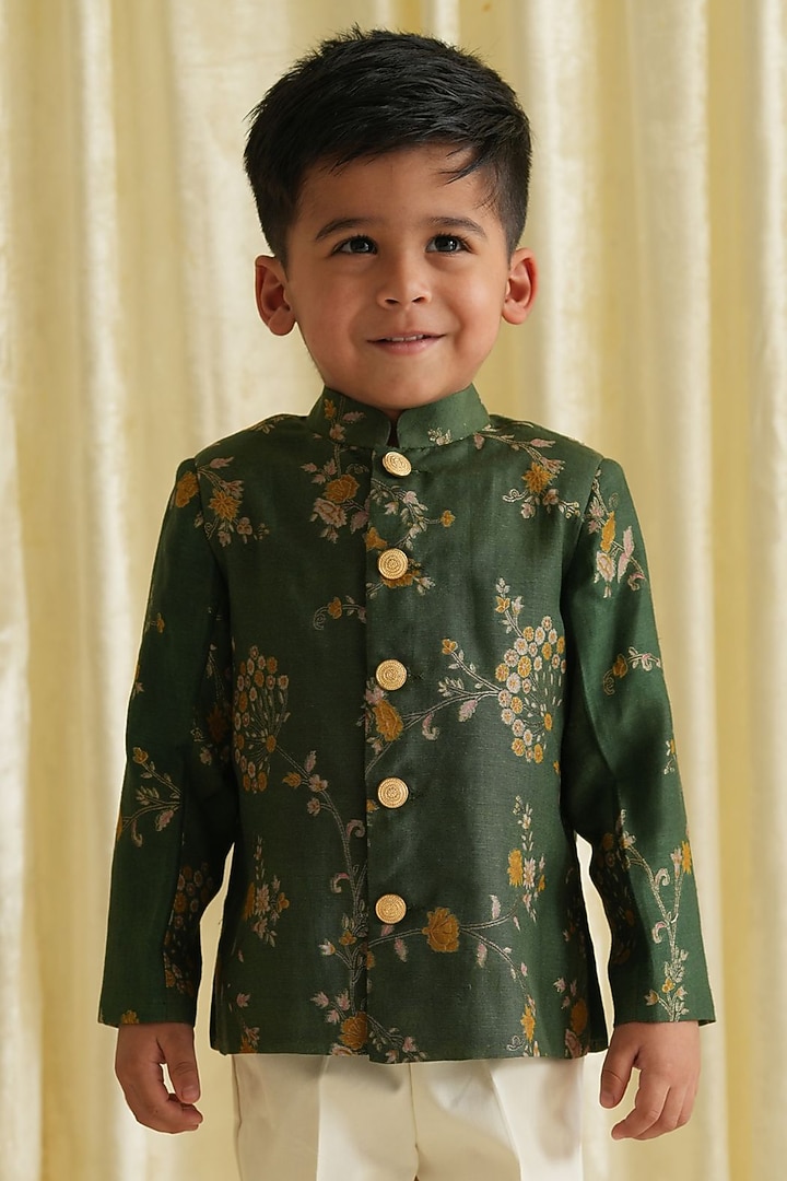 Green Viscose Brocade Bandhgala Set For Boys by Tiber Taber at Pernia's Pop Up Shop