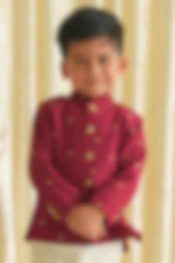 Maroon Viscose Brocade Bandhgala Set For Boys by Tiber Taber at Pernia's Pop Up Shop
