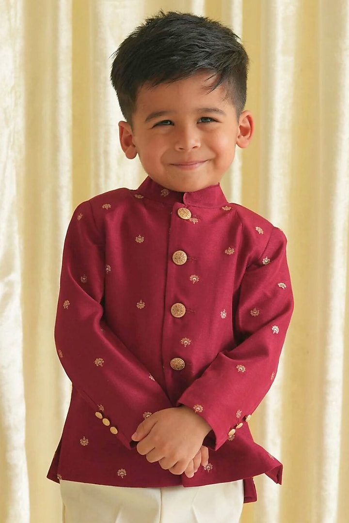Maroon Viscose Brocade Bandhgala Set For Boys by Tiber Taber at Pernia's Pop Up Shop