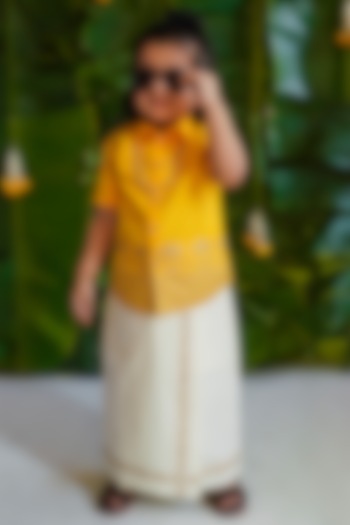 Ivory Cotton Pre-Stitched Mundu Dhoti Set For Boys by Tiber Taber at Pernia's Pop Up Shop