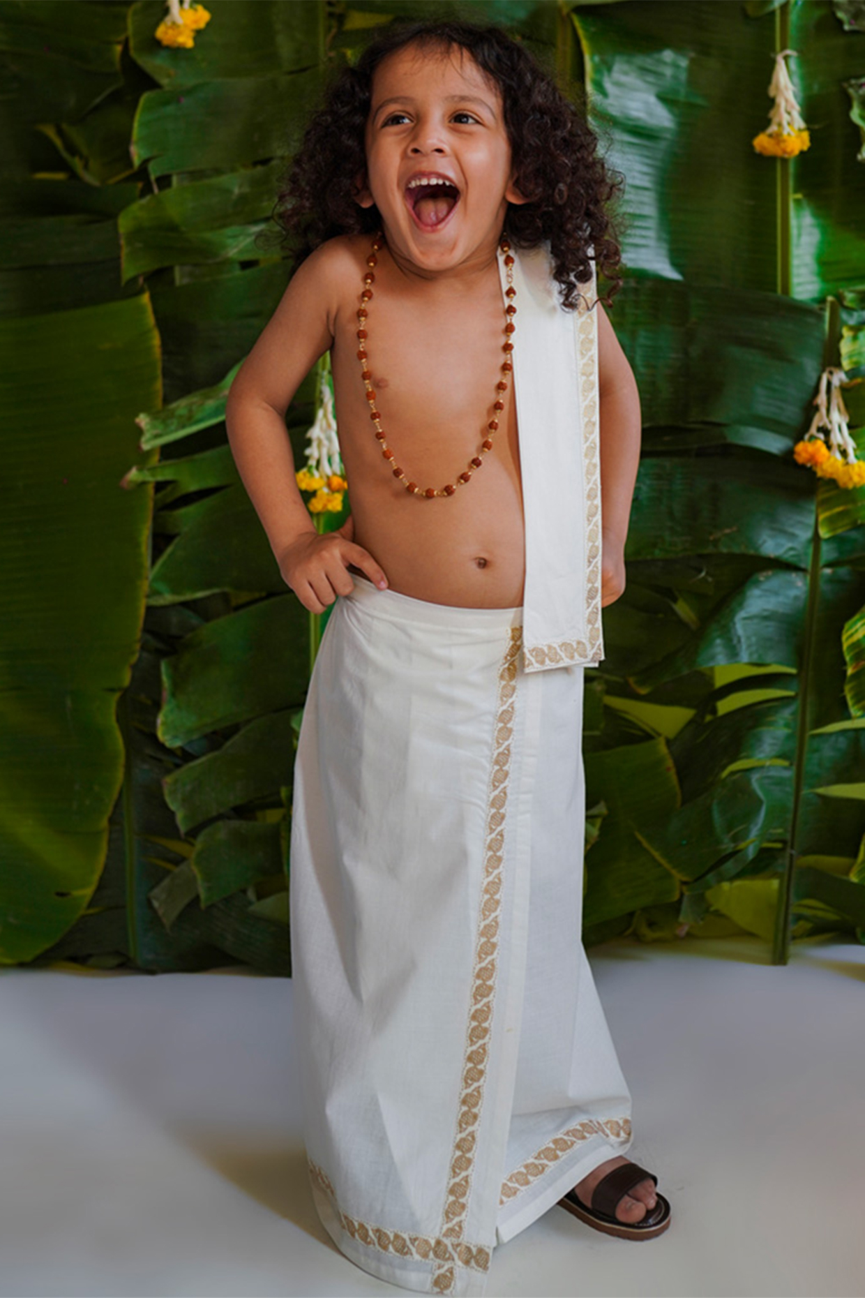 White Cotton Pre-Stitched Mundu Dhoti Set For Boys by Tiber Taber