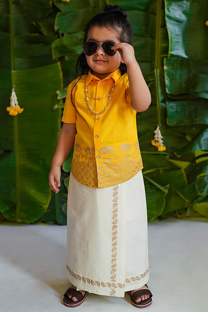 Ivory Cotton Pre-Stitched Mundu Dhoti Set For Boys by Tiber Taber