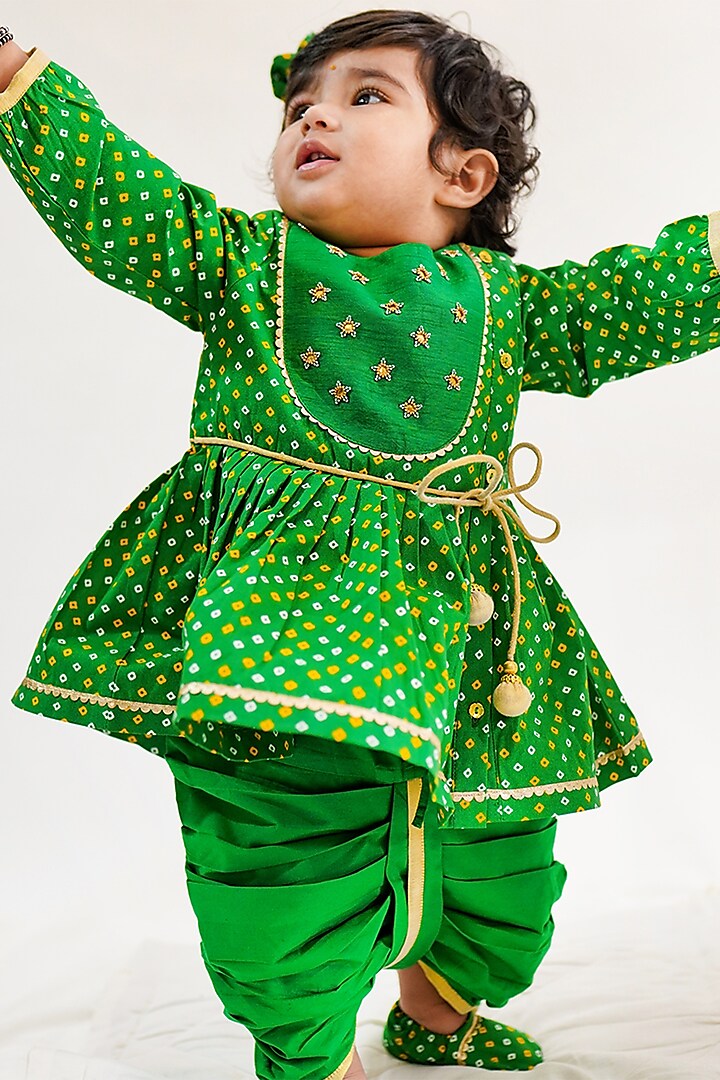 Green Cotton Dhoti Set For Girls by Tiber Taber