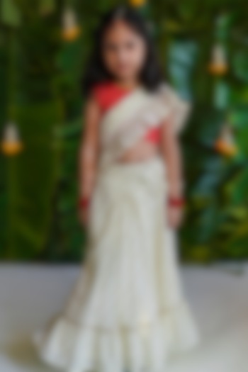 Cream Cotton Pre-stitched Saree Set For Girls by Tiber Taber at Pernia's Pop Up Shop