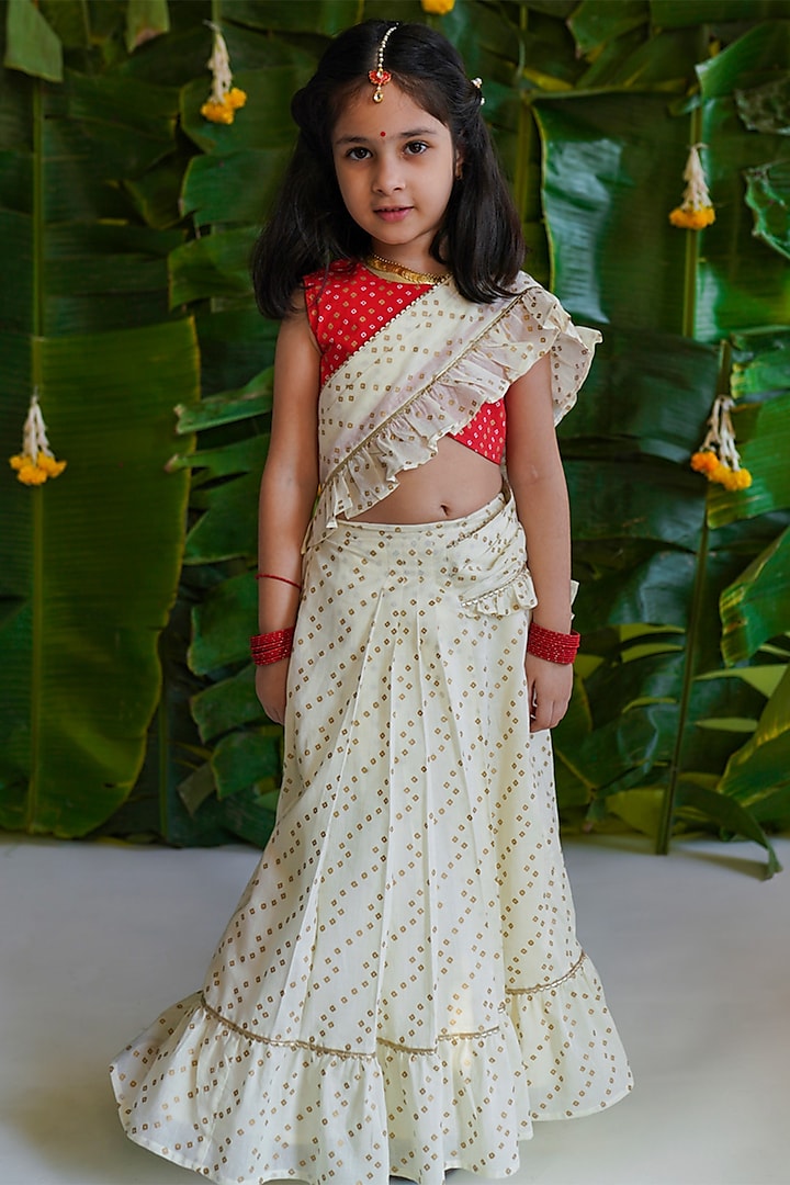 Cream Cotton Pre-stitched Saree Set For Girls by Tiber Taber at Pernia's Pop Up Shop