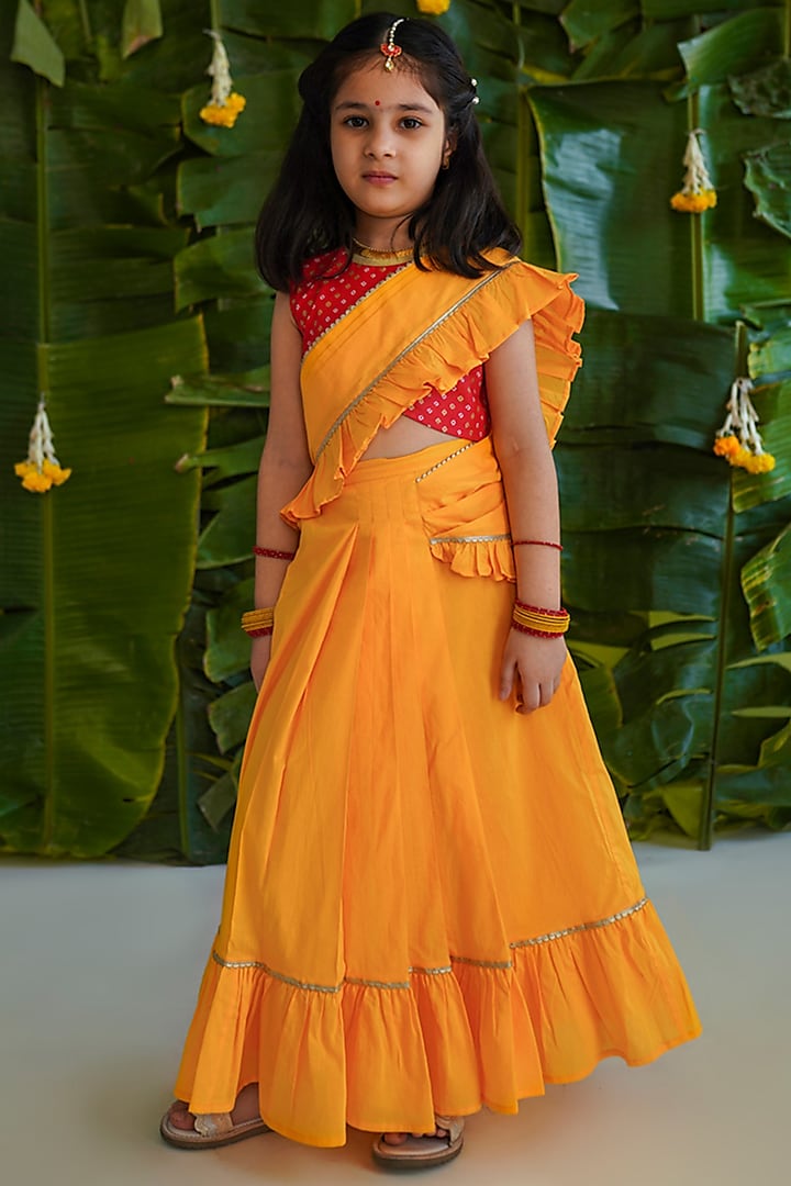 Yellow Cotton Pre-stitched Saree Set For Girls by Tiber Taber