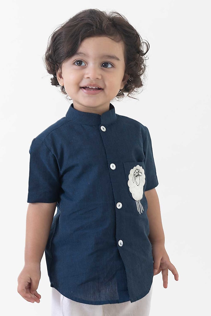 Blue Cotton Sheep Embroidered Shirt For Boys by Tiber Taber