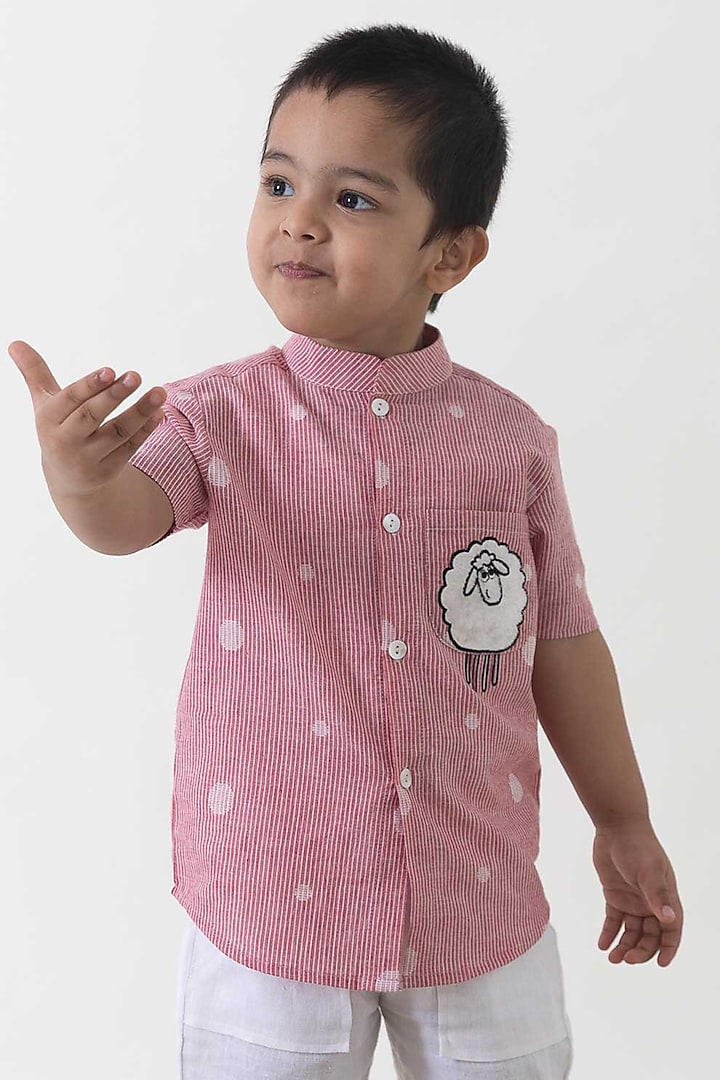 Pink Cotton Sheep Embroidered Shirt For Boys by Tiber Taber
