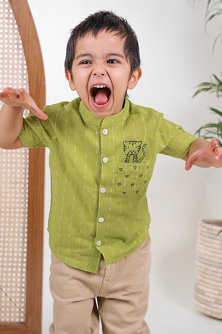 Green Soft Cotton Embroidered Shirt For Boys by Tiber Taber