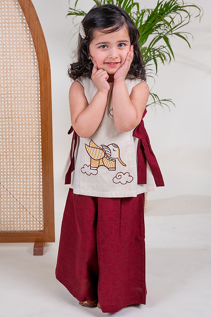Maroon Cotton Flared Culotte Pant Set For Girls by Tiber Taber
