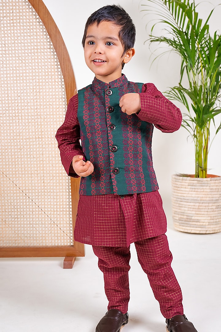 Green Cotton Jacquard Printed Nehru Jacket For Boys by Tiber Taber