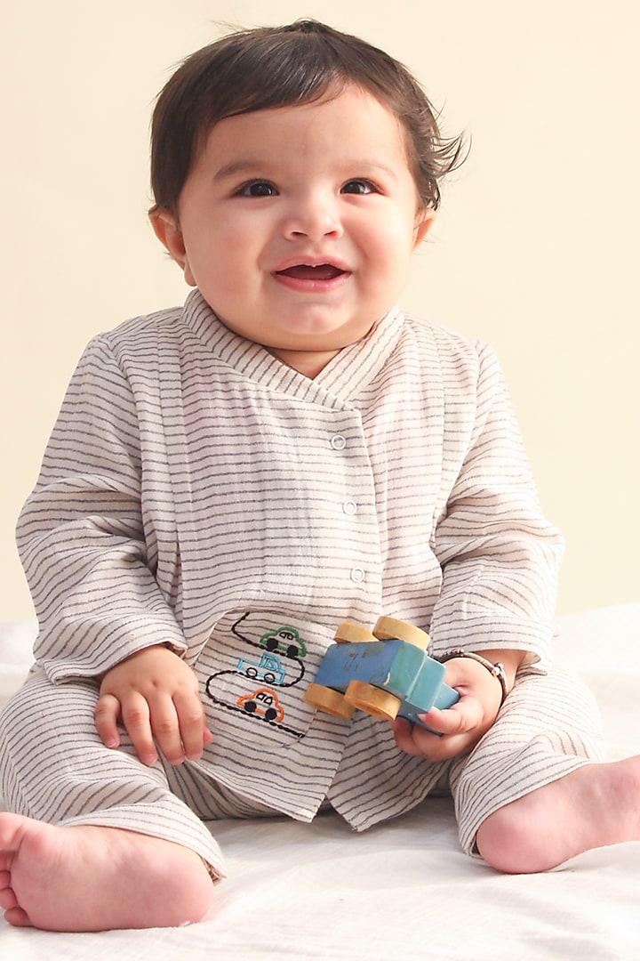 Grey Soft Cotton Car Embroidered Striped Jhabla Set For Kids by Tiber Taber at Pernia's Pop Up Shop