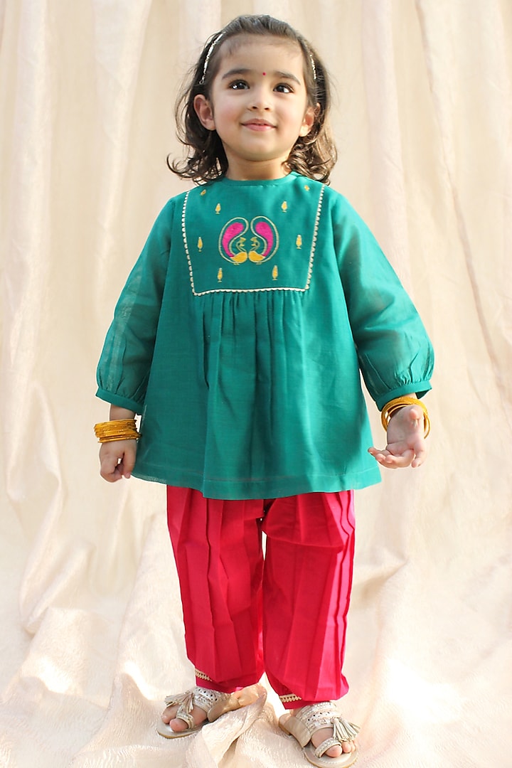 Green Chanderi Cotton Silk Lace Embellished Angrakha Set For Girls by Tiber Taber at Pernia's Pop Up Shop