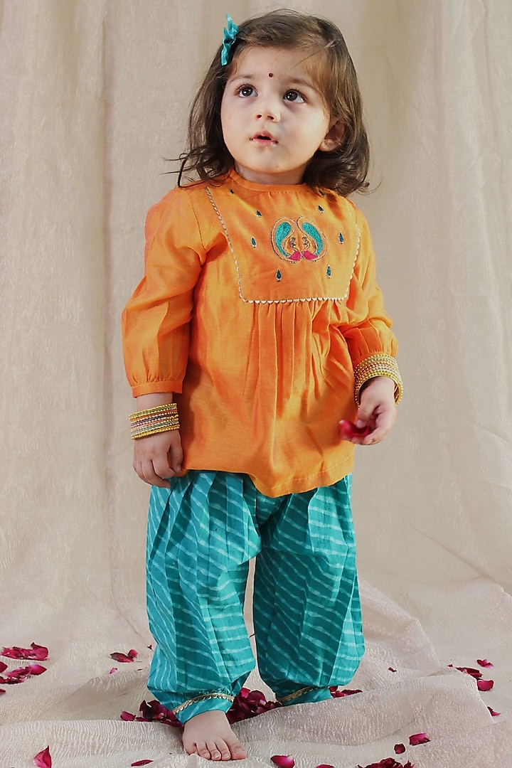 Orange Chanderi Cotton Silk Lace Embellished Angrakha Set For Girls by Tiber Taber at Pernia's Pop Up Shop