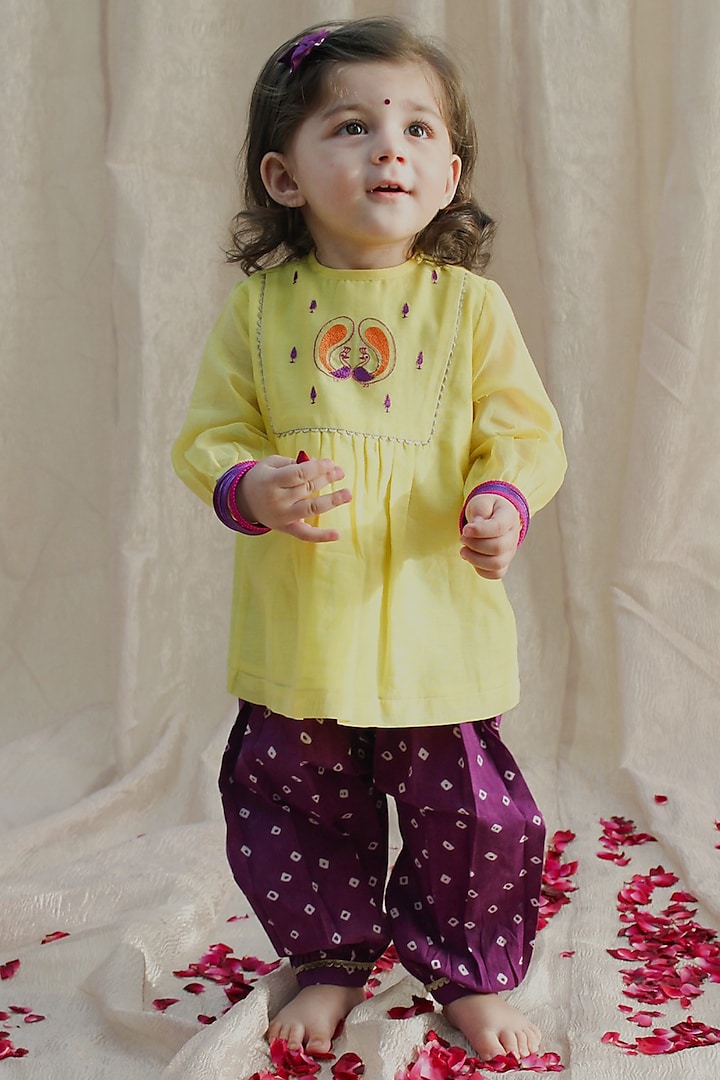 Yellow Chanderi Cotton Silk Lace Embellished Angrakha Set For Girls by Tiber Taber at Pernia's Pop Up Shop