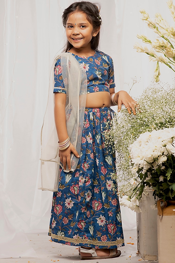 Cobalt Blue Floral Printed Lehenga Set For Girls by Tiber Taber