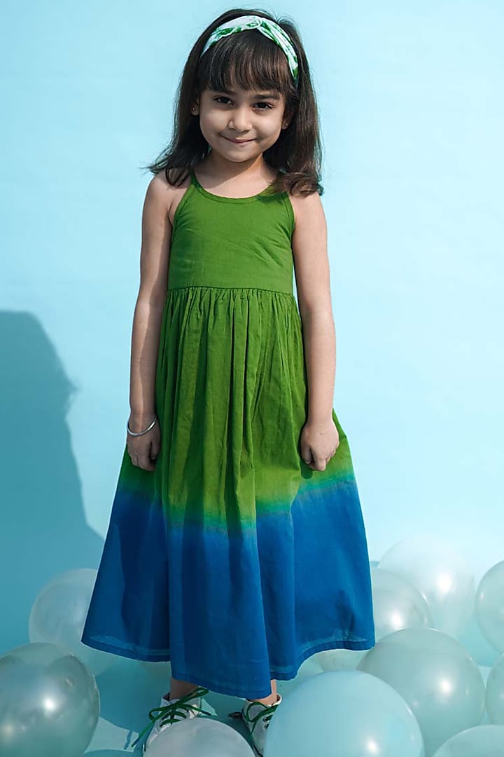 Green & Blue Tie-Dye Ombre Maxi Dress For Girls by Tiber Taber