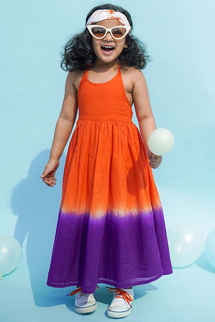 Orange & Purple Tie-Dye Ombre Maxi Dress For Girls by Tiber Taber