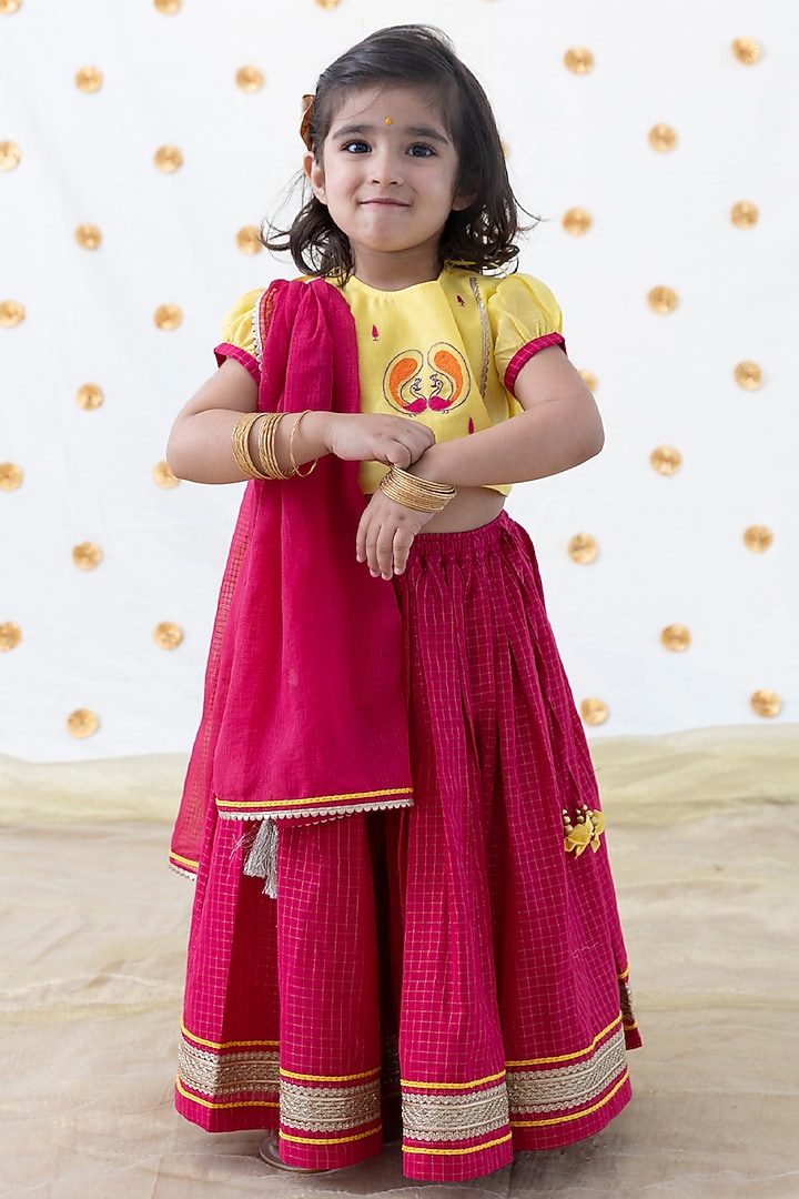 Pink Cotton Peacock Embroidered Lehenga Set For Girls by Tiber Taber at Pernia's Pop Up Shop