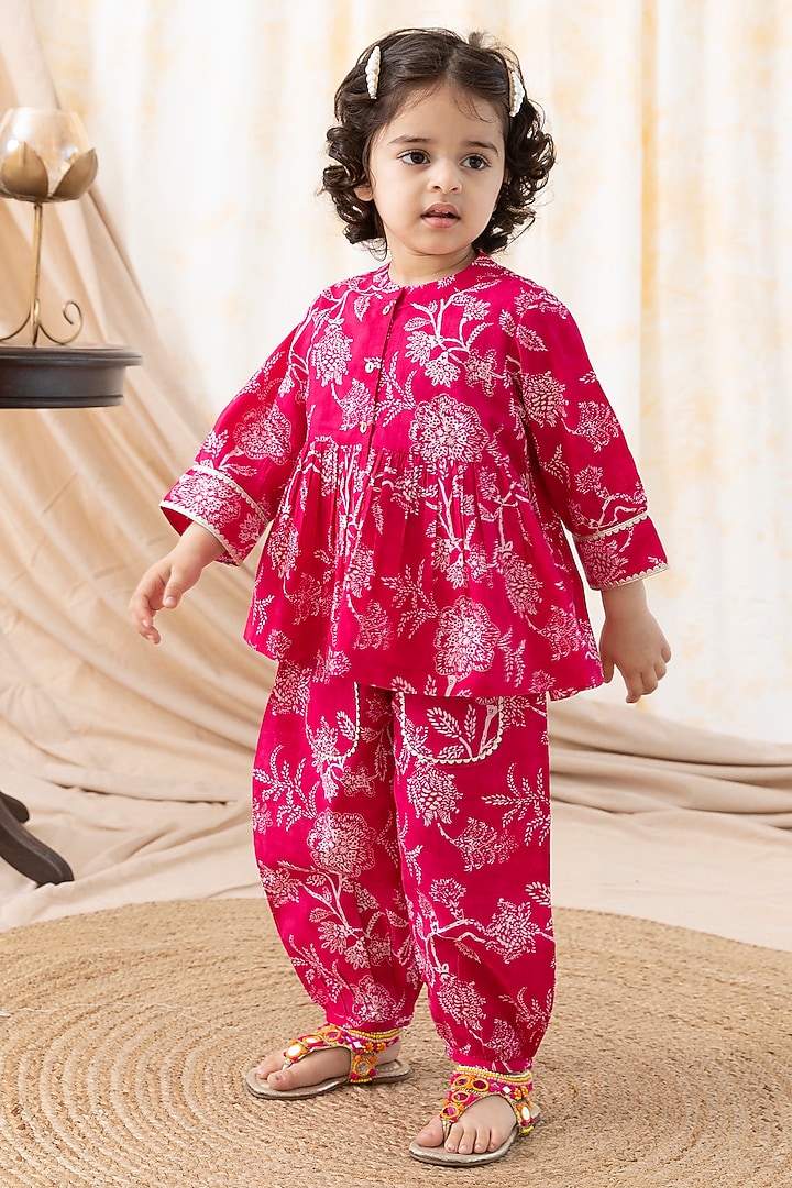 Hot Pink Cotton Floral Printed Pant Set For Girls by Tiber Taber at Pernia's Pop Up Shop