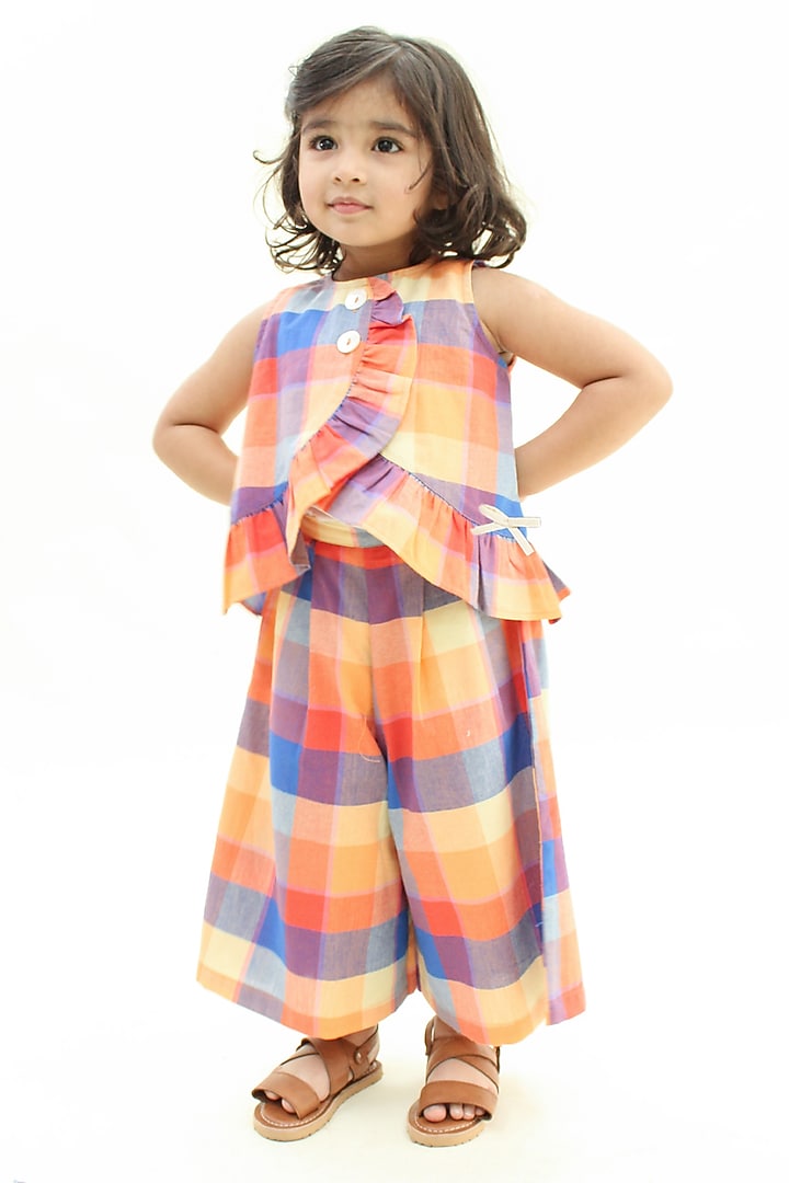 Multi-Colored Cotton Checkered Printed Flared Culotte Pant Set For Girls by Tiber Taber at Pernia's Pop Up Shop