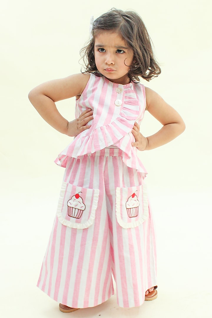 Pink Cotton Striped Printed Flared Culotte Pant Set For Girls by Tiber Taber at Pernia's Pop Up Shop