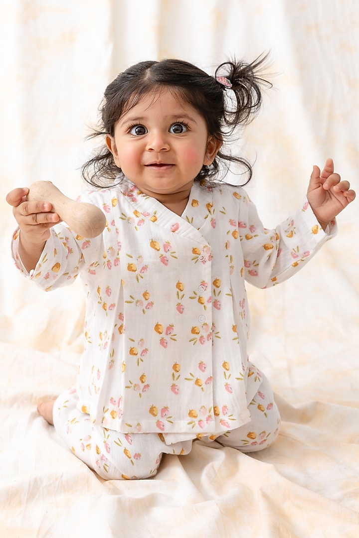 White Soft Cotton Floral Printed Jhabla Set For Kids by Tiber Taber at Pernia's Pop Up Shop