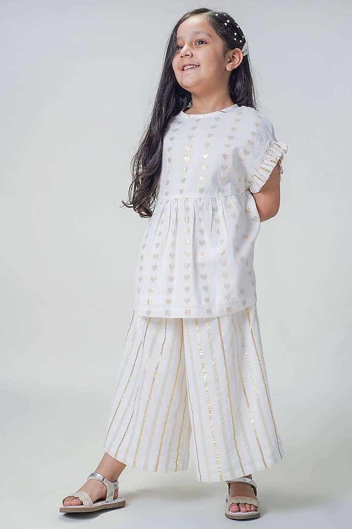 White Cotton Striped Co-Ord Set For Girls by Tiber Taber