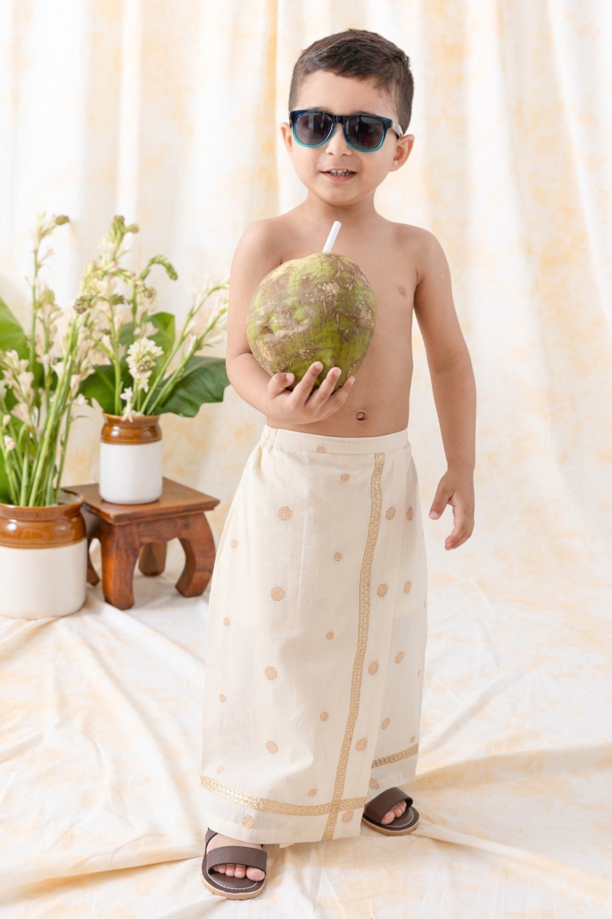 Cream Cotton Pre-Stitched Mundu For Boys by Tiber Taber
