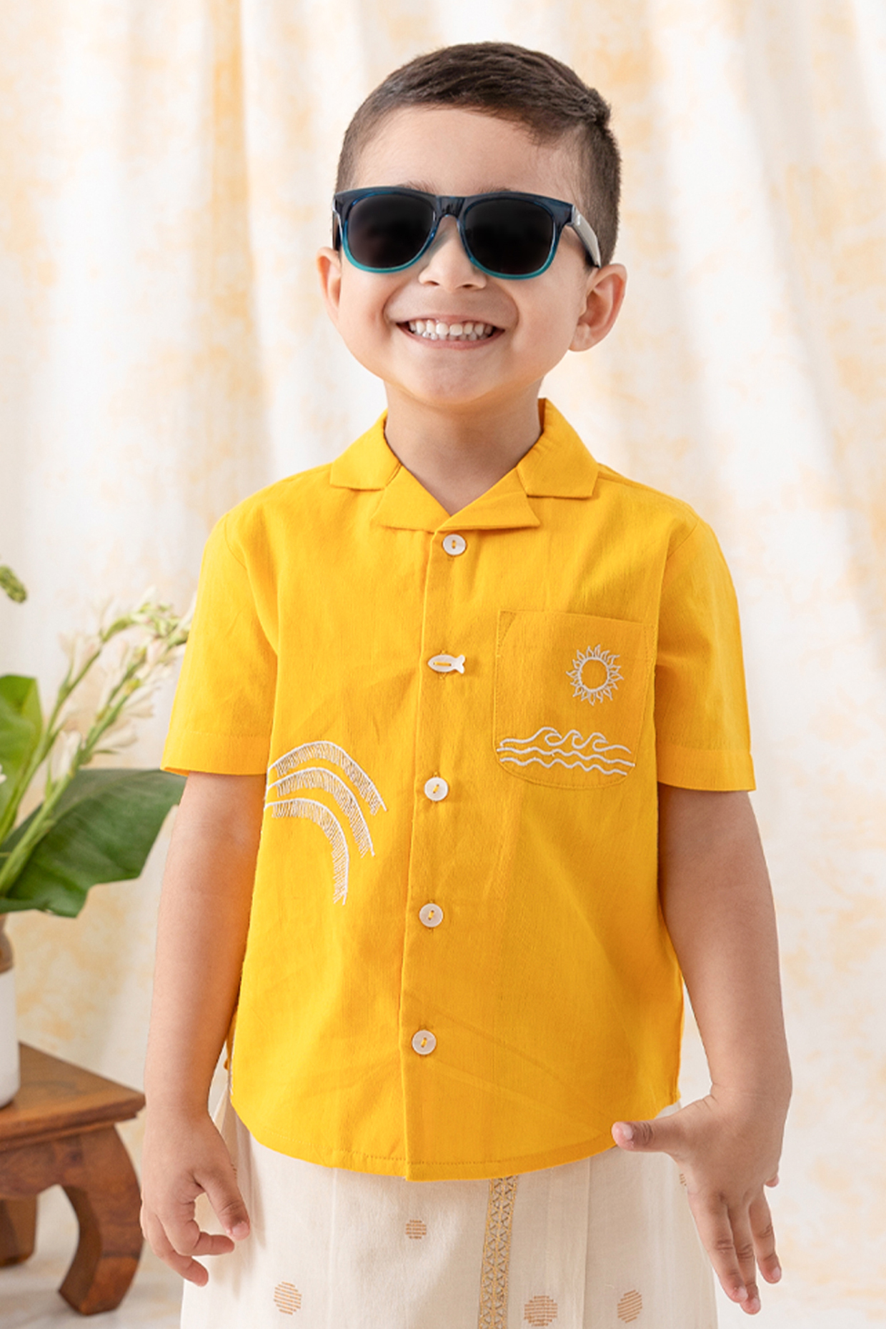 Yellow Cotton Thread Embroidered Shirt For Boys by Tiber Taber