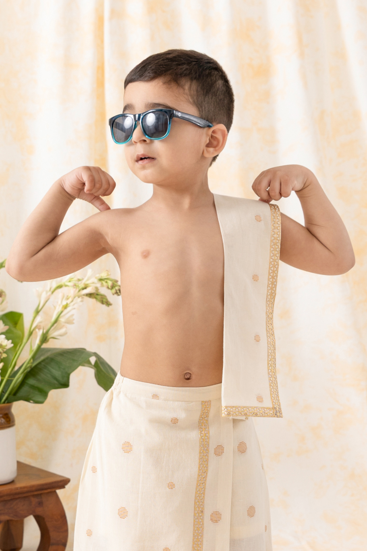 Cream Cotton Polka Dot Printed Angavastram For Boys by Tiber Taber