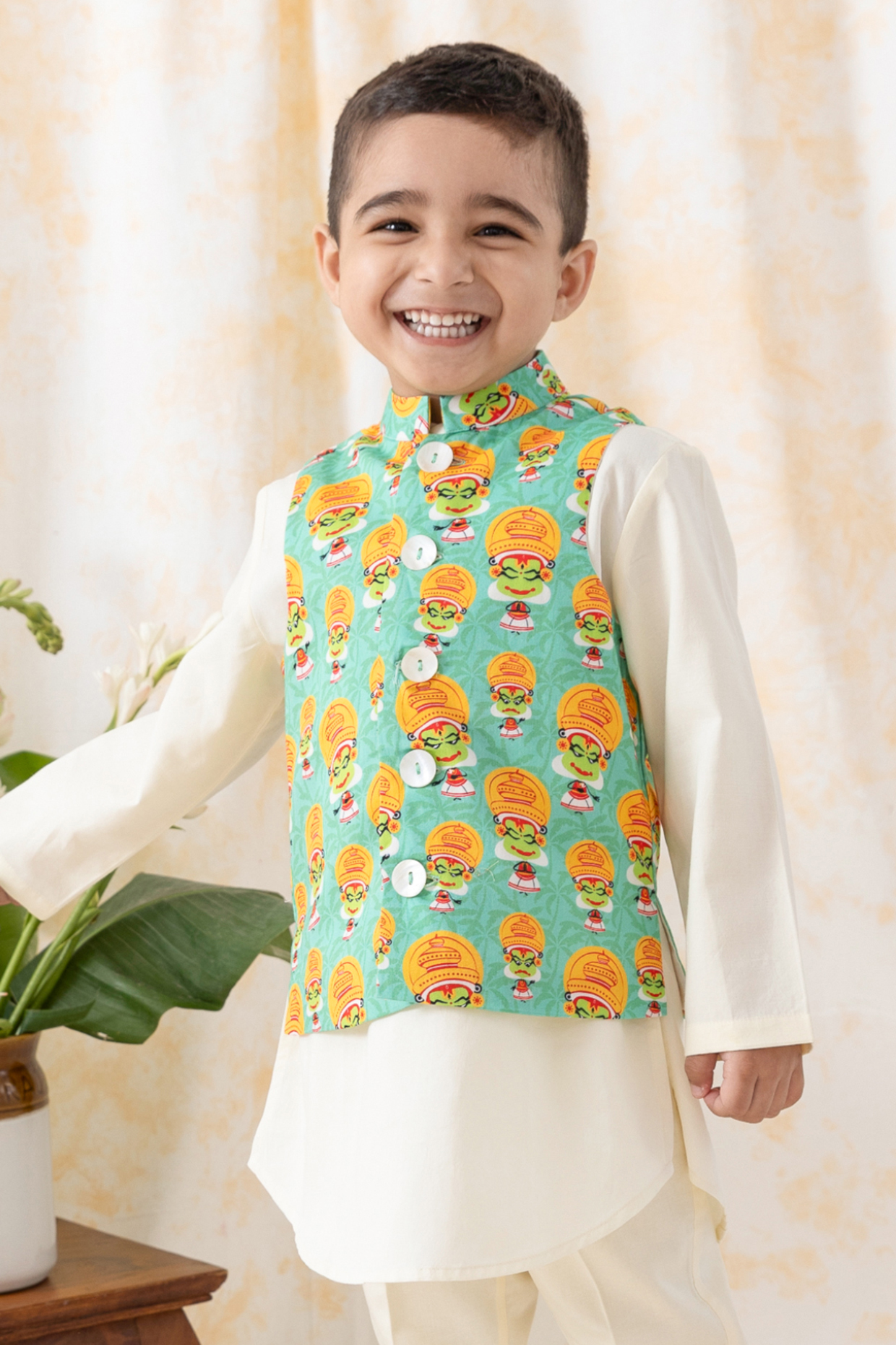 Green Cotton Printed Bundi Jacket For Boys by Tiber Taber