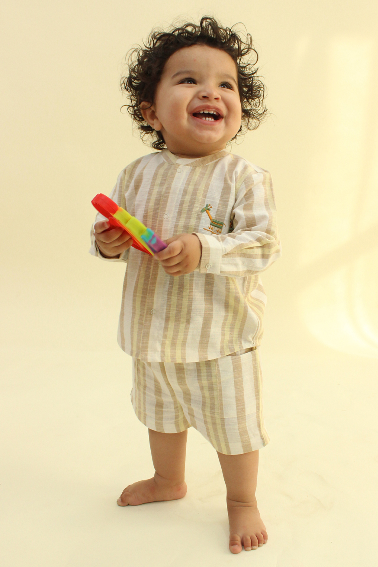 Beige Cotton Embroidered Co-Ord Set For Boys by Tiber Taber