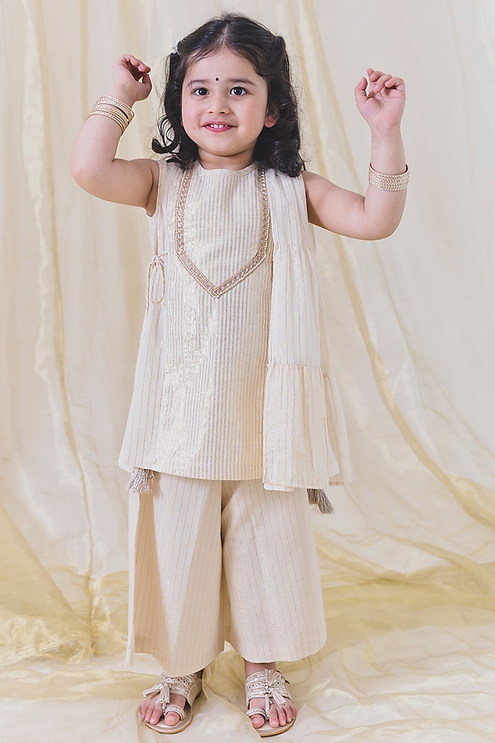 Cream Cotton Lurex Stripes Printed Kurta Set For Girls by Tiber Taber at Pernia's Pop Up Shop