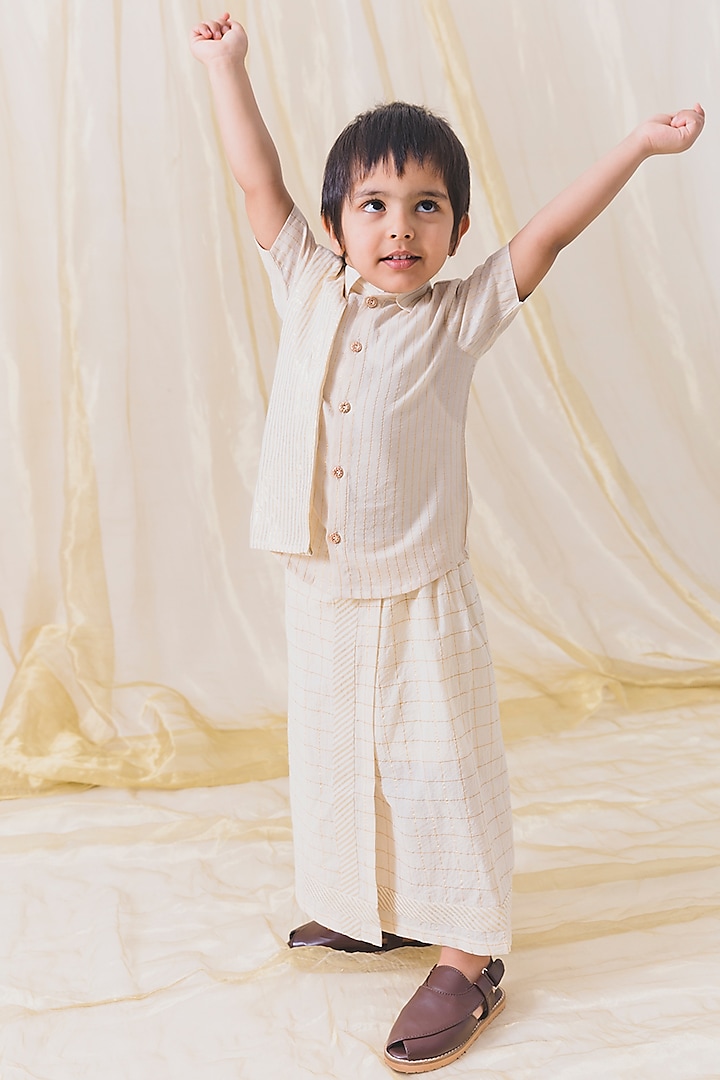 Cream Cotton Lurex Dhoti Set For Boys by Tiber Taber