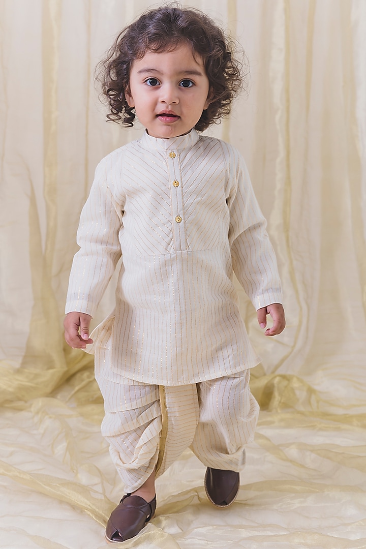 Cream Cotton Lurex Dhoti Set For Boys by Tiber Taber