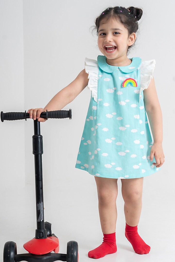 Blue Cotton Cloud Printed Ruffle A-Line Dress For Girls by Tiber Taber at Pernia's Pop Up Shop