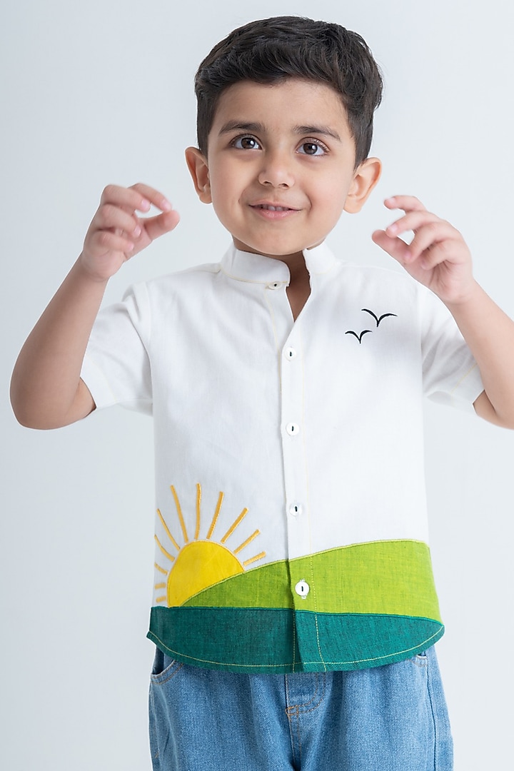 White & Green Cotton Applique Embroidered Shirt For Boys by Tiber Taber