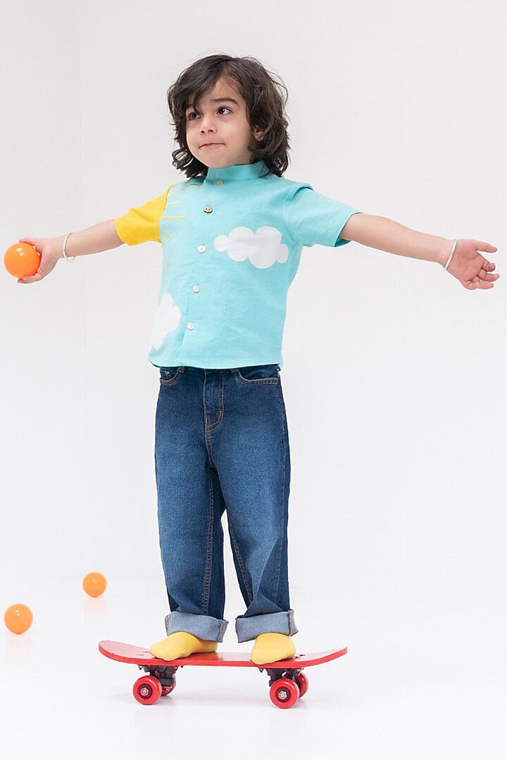 Sky Blue & Yellow Cotton Applique Embroidered Shirt For Boys by Tiber Taber at Pernia's Pop Up Shop